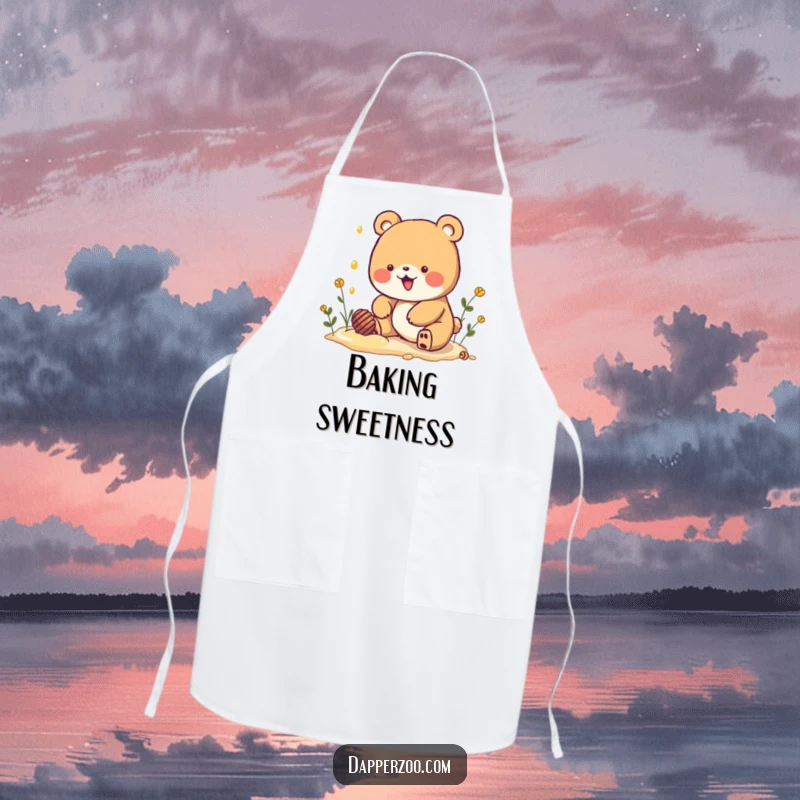 Funny Kawaii bear character digging for imaginary honey on a kitchen apron, bringing sweet humor to cooking.