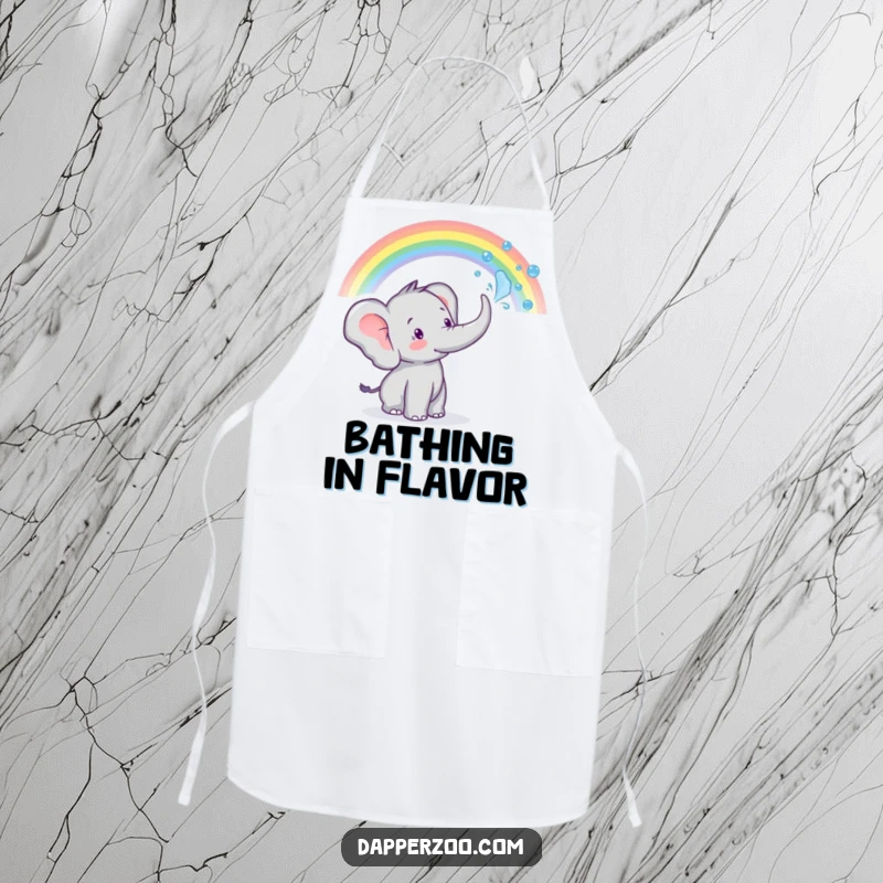 Funny tiny elephant character spraying water from its trunk to create a rainbow adorns this apron, bringing color to cooking.
