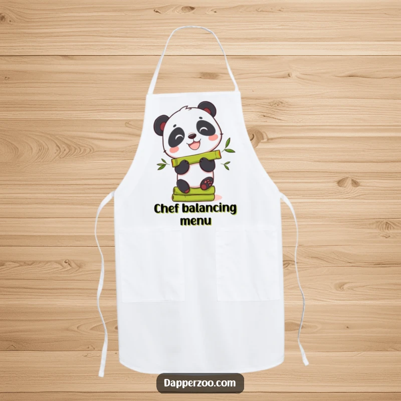 Funny panda apron showcasing a curious bear with a wide grin, balancing bamboo shoots.