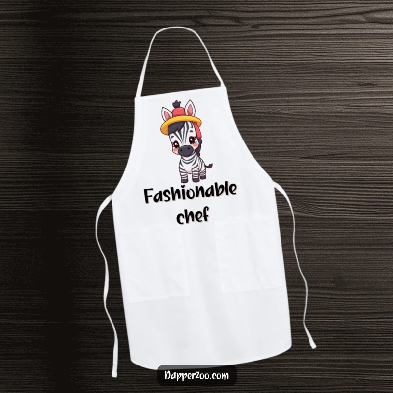 Funny apron showing a proud zebra comically trying on a brightly colored hat, perfect for stylish kitchen fun.