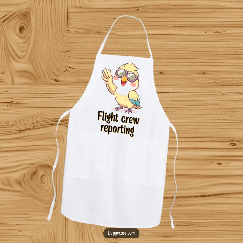 Funny aviator parrot apron, showing a joyful character in tiny goggles giving a cheerful wave.