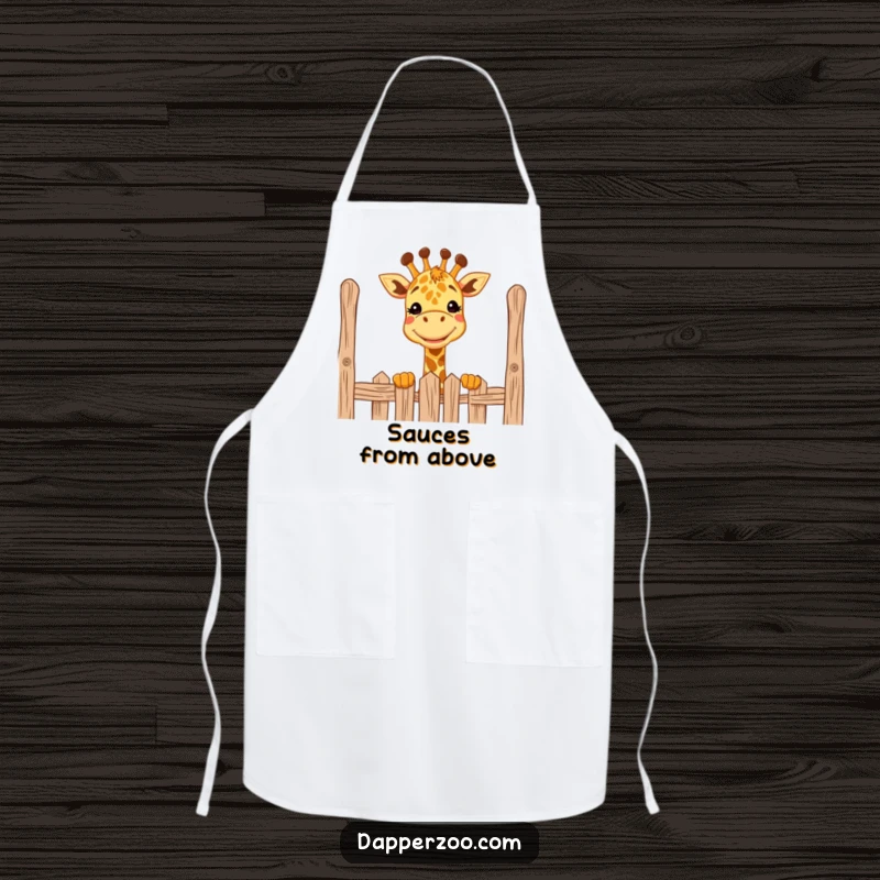 Funny giraffe apron with a big grin, comically peeking over a tall fence, ideal for cooking fun.