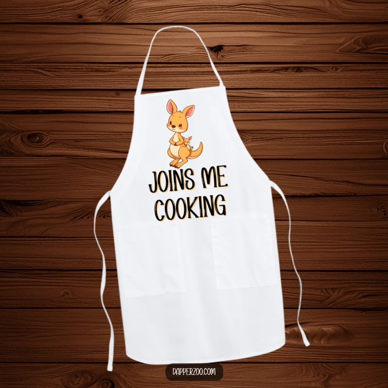 Funny apron showing a curious kangaroo hopping with a tiny joey in its pouch, perfect for playful cooks.