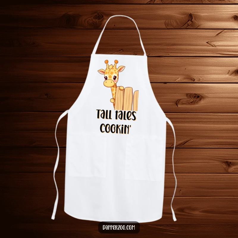Funny kawaii giraffe apron showing a cute giraffe curiously peeking over a tall fence, perfect for a humorous cooking experience.