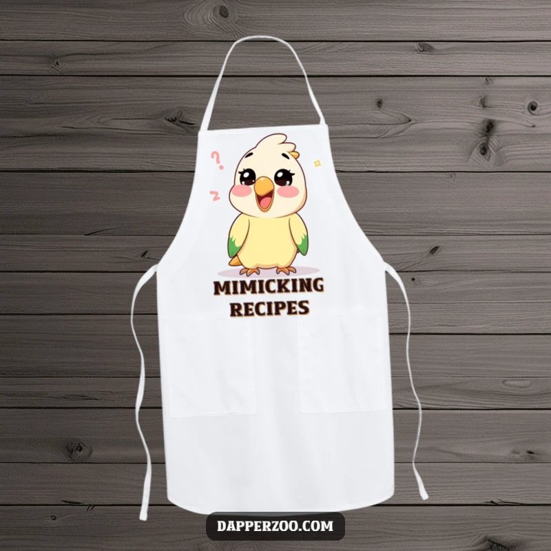 Funny Kawaii parrot character mimicking a silly sound on a kitchen apron, bringing vocal humor to cooking.
