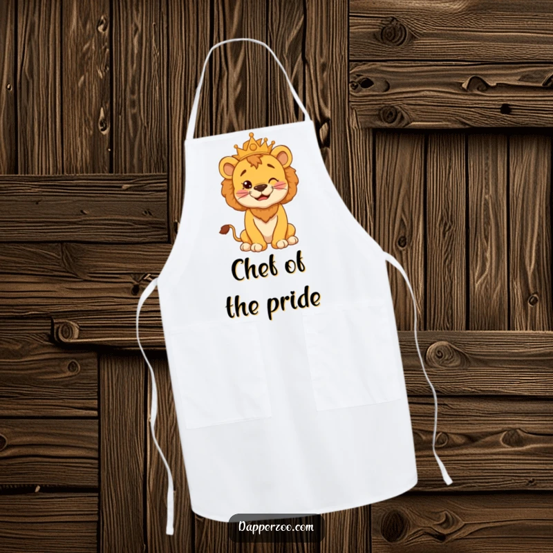 Funny apron featuring a cheerful lion cub with a puffed chest, striking a comical kingly pose, ready for kitchen adventures.