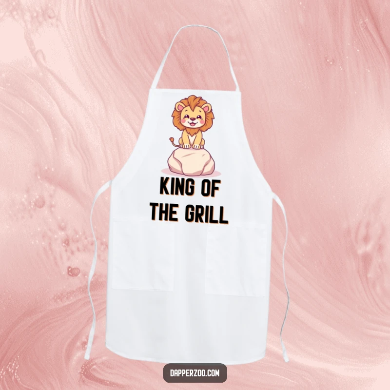 Funny lion character dramatically posing on a tiny plush rock with regal flair, wearing a humorous kitchen apron.