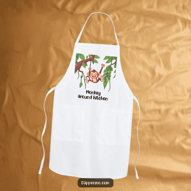 Funny monkey apron featuring a happy monkey character gleefully swinging from a long jungle vine, perfect for kitchen adventures.