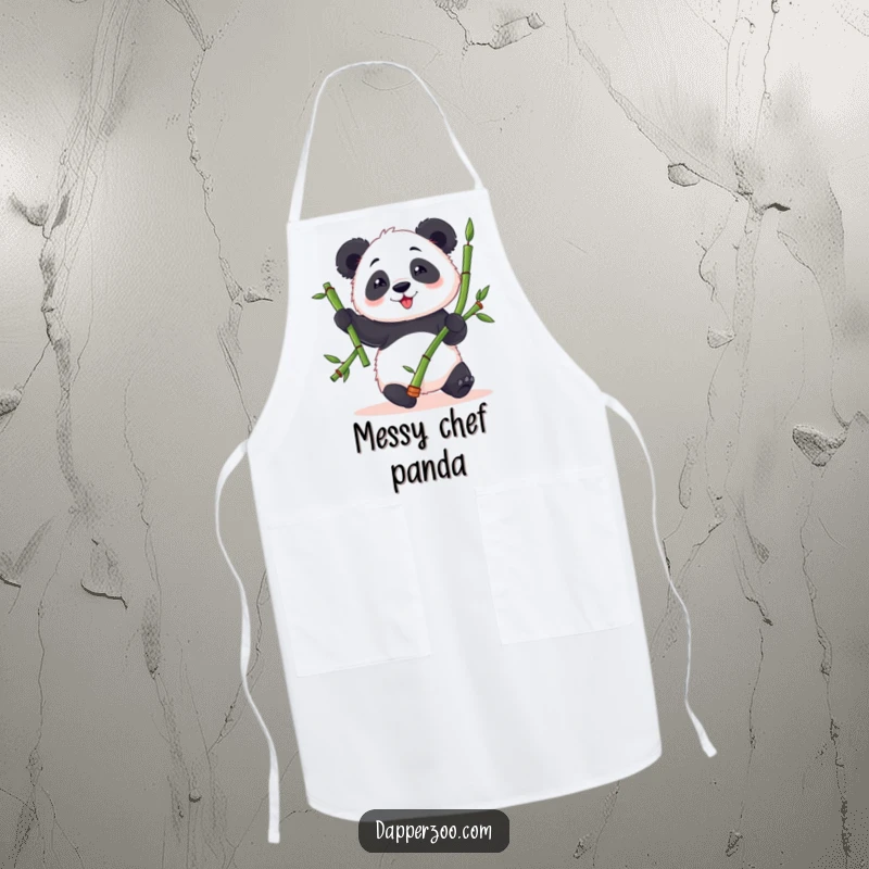 Funny panda apron featuring a fluffy panda character attempting to juggle bamboo stalks with clumsy delight, perfect for kitchen fun.