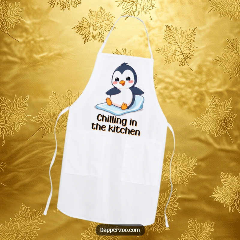 Funny penguin character sliding down an ice slide on its belly adorns this apron, bringing humor to the kitchen.