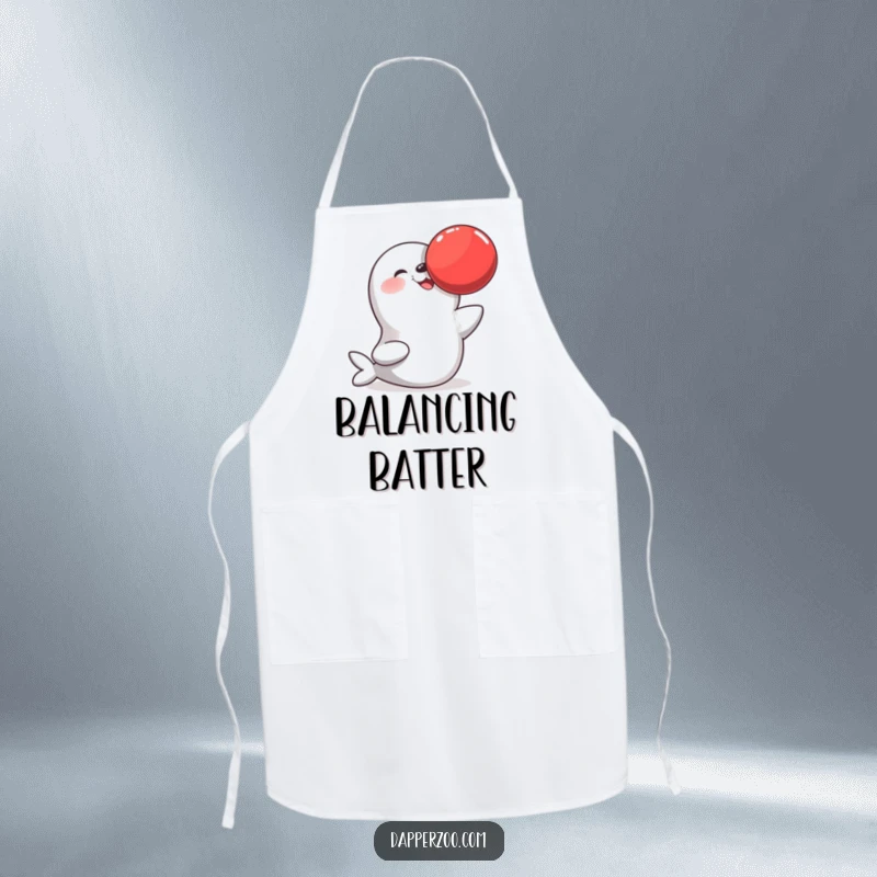 Funny apron showing a happy seal character balancing a red ball on its nose, ready for kitchen fun with a smile.