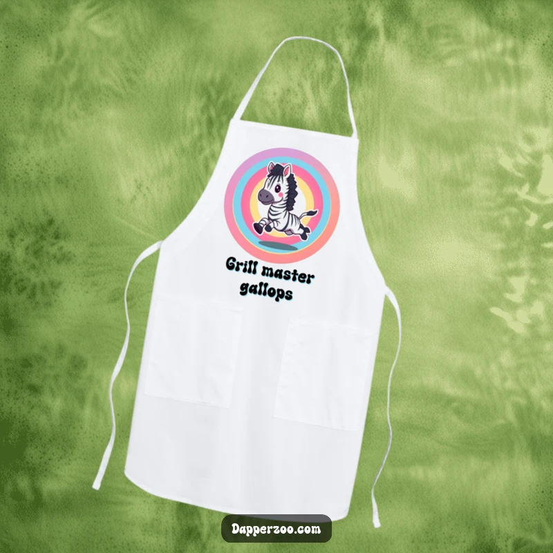 Funny apron with an excited zebra galloping in a vibrant rainbow circle, perfect for a fun gift.