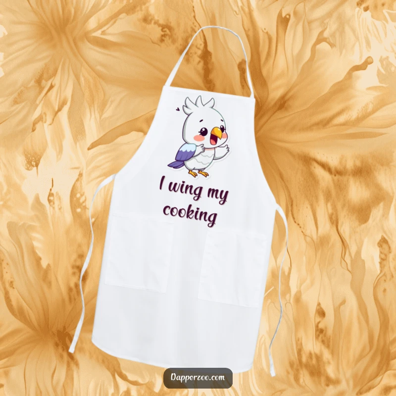 Funny apron with a surprised parrot dramatically reciting with its beak open, perfect for a funny gift.