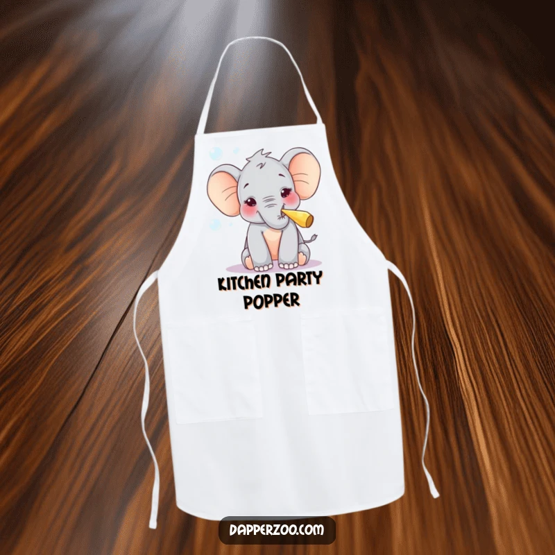 Funny apron with a curious elephant calf joyfully blowing bubbles with a tiny party blower, perfect for kitchen fun.