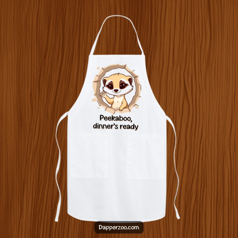 Funny meerkat apron showing a mischievous meerkat popping up from a hole, winking and waving.