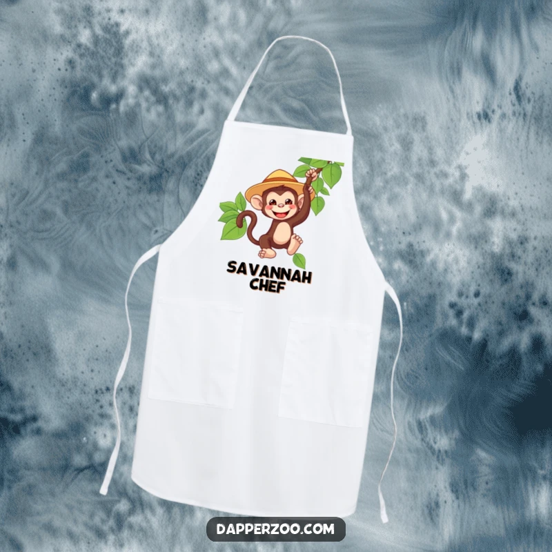Funny monkey apron, wearing a tiny oversized safari hat, grinning and swinging from a vine, for a humorous and adventurous cooking experience.
