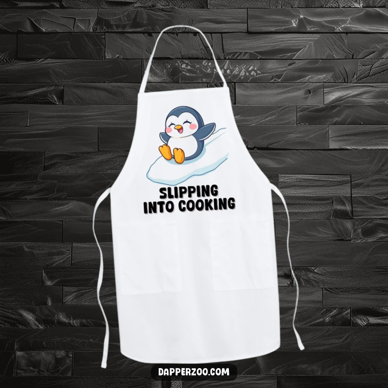 Funny apron with a winking penguin sliding down an icy slope, bringing winter cheer to the kitchen.