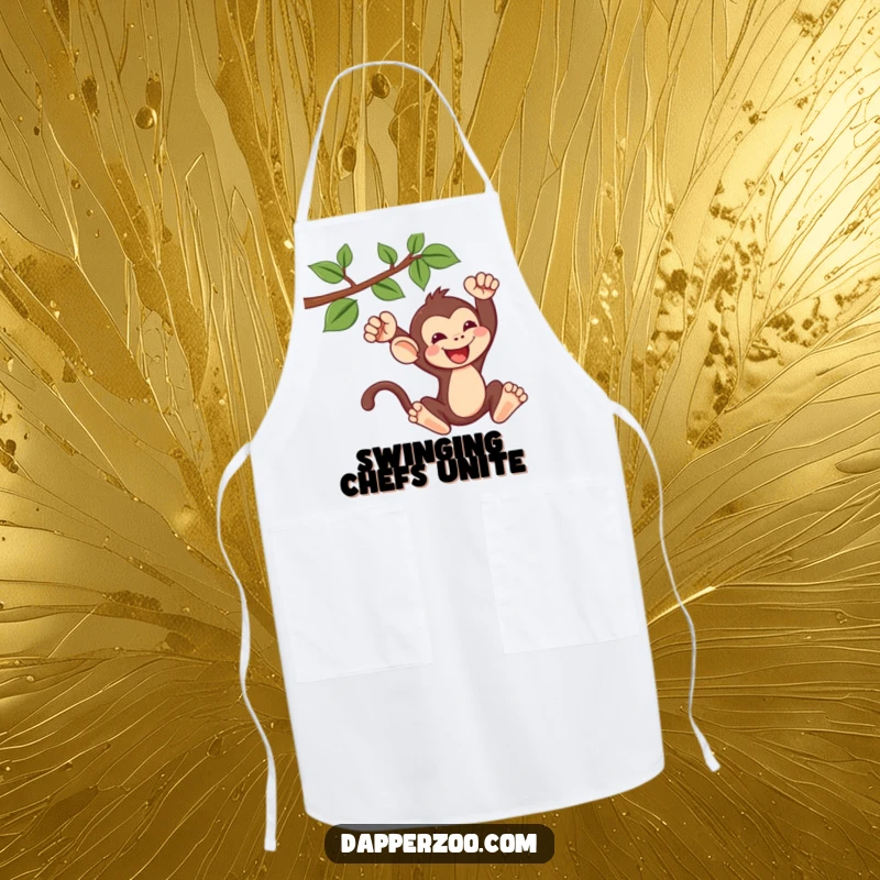 Funny kawaii monkey apron showing a cute monkey gleefully swinging from a vine, perfect for a humorous kitchen experience.