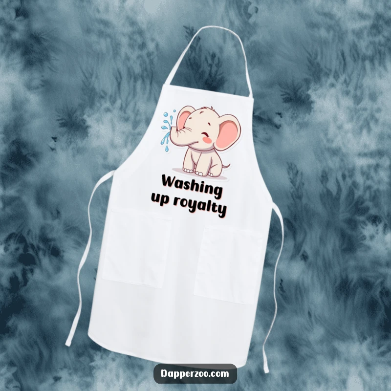 Funny kawaii elephant apron showing a cute elephant joyfully spraying water from its trunk, perfect for a humorous cooking experience.