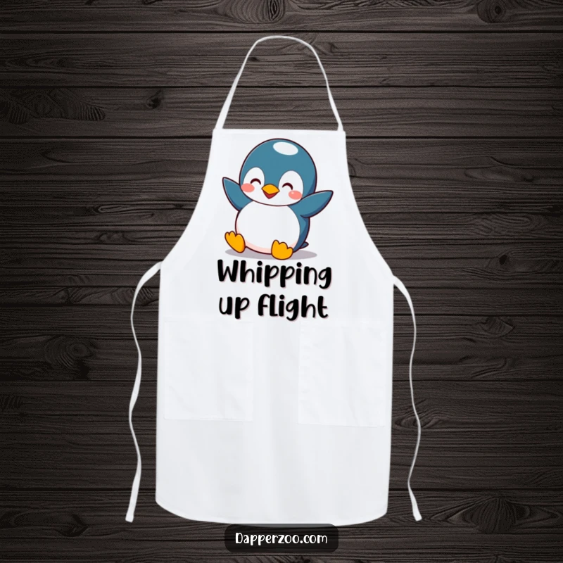 Funny penguin apron with small wings comically flapping, attempting flight with a determined silly look, ideal for cooking fun.