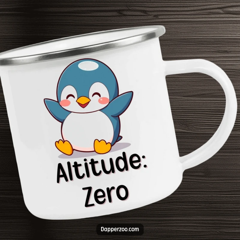Funny penguin camping mug with small wings comically flapping, attempting flight with a silly, determined look, for outdoor fun.