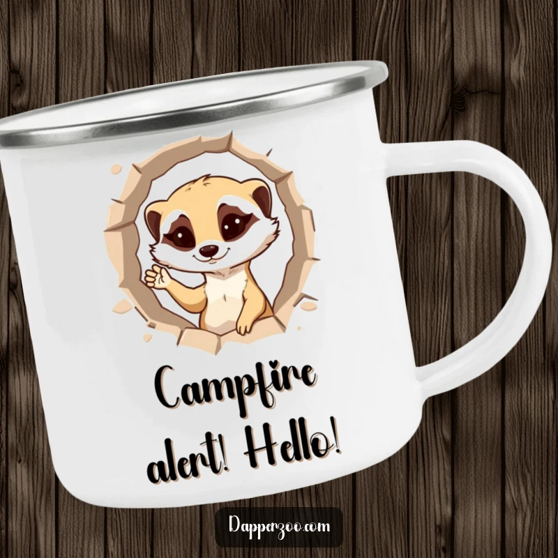Funny meerkat camping mug with a mischievous meerkat popping up, winking and waving.