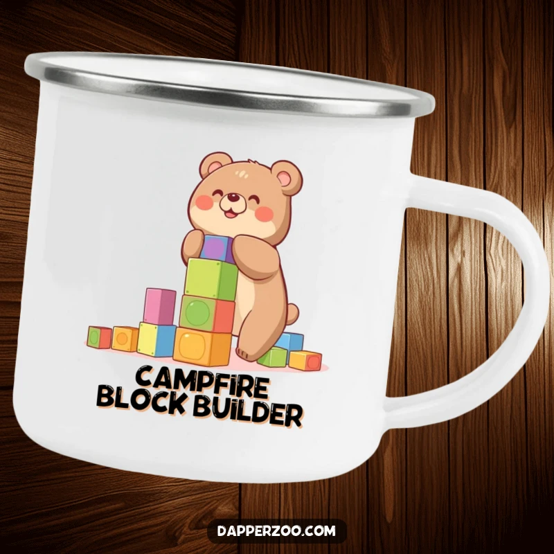 Funny camping mug with a happy bear building a precarious tower of colorful blocks, for playful outings.
