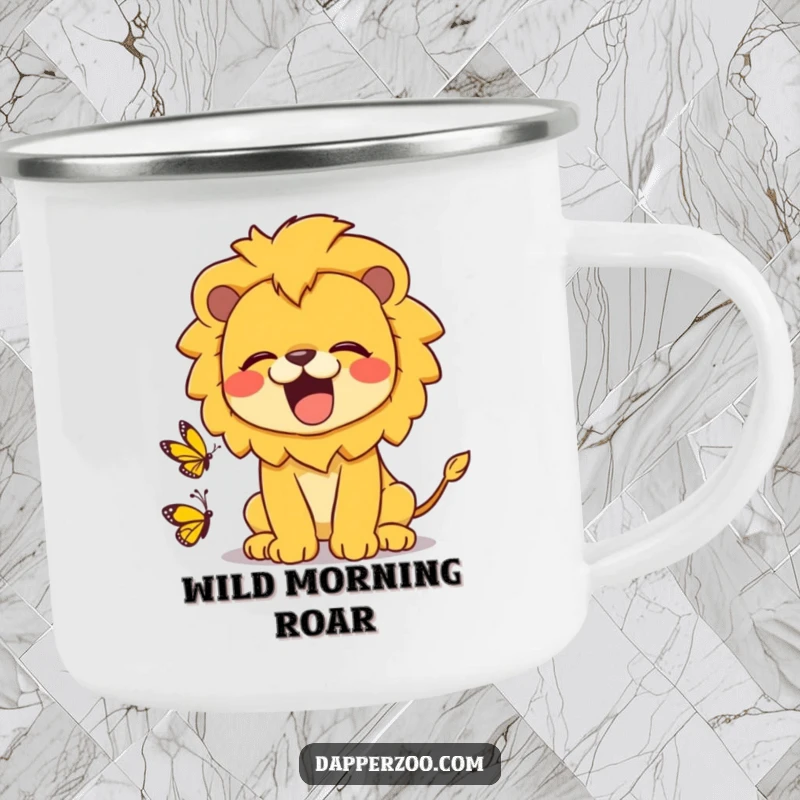 Funny kawaii lion camping mug featuring a cute lion roaring playfully at a tiny butterfly, ideal for outdoor adventures.