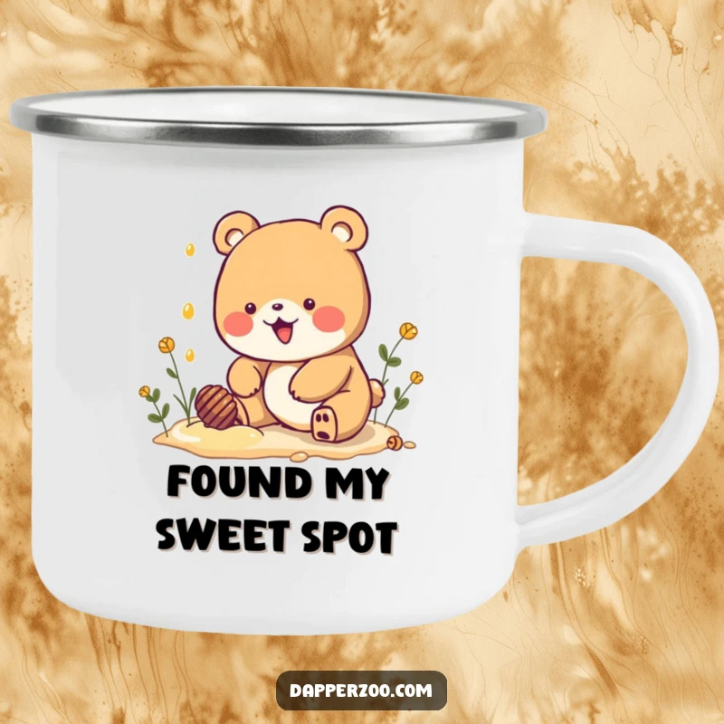Funny Kawaii bear character digging for imaginary honey on a rugged enamel camping mug, ready for sweet outdoor moments.