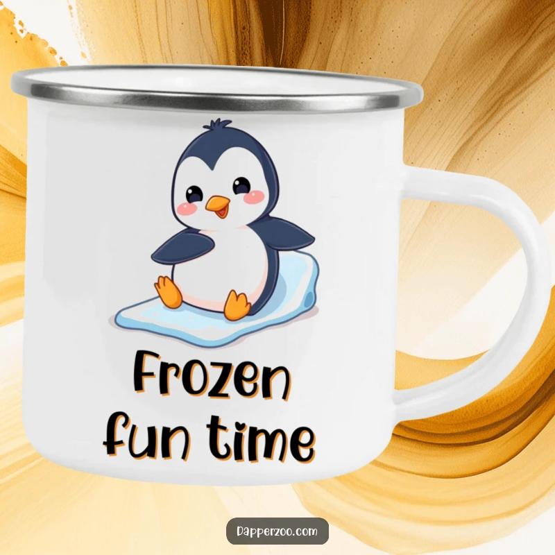 Funny penguin character slides down an ice slide on its belly on a camping mug, ready for adventures.