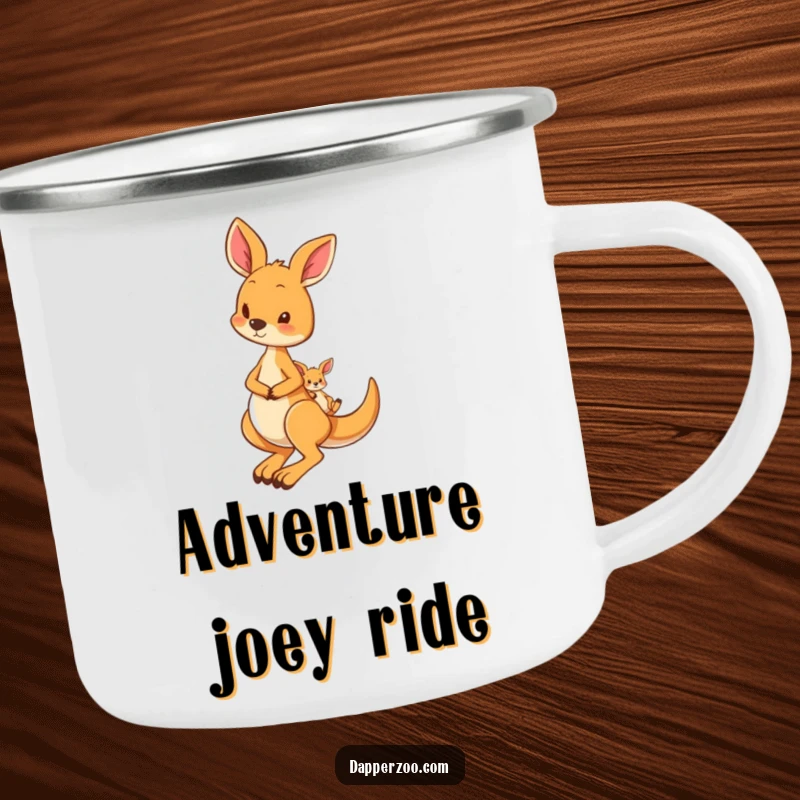 Funny camping mug showing a curious kangaroo hopping with a tiny joey in its pouch, perfect for outdoor family fun.