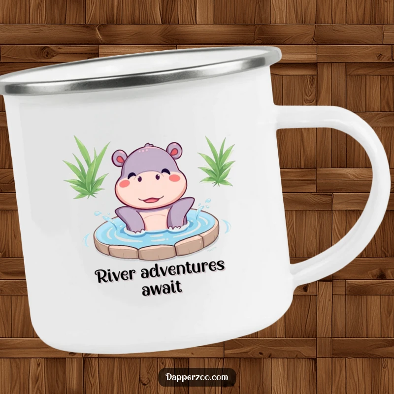 Funny Kawaii hippo character happily splashing water on a rugged enamel camping mug, ready for joyful outdoor moments.