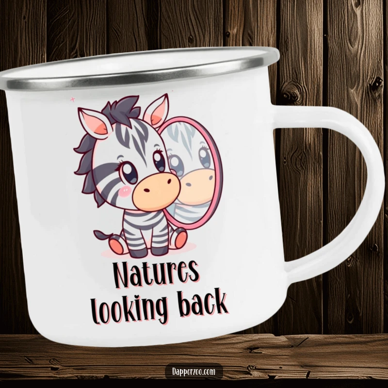 Funny Kawaii zebra character looking surprised at its reflection on a durable enamel camping mug, perfect for outdoor humor.