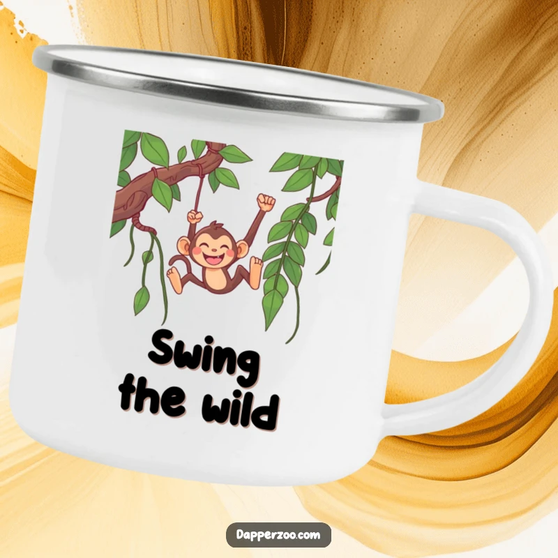 Funny monkey camping mug showing a happy monkey character gleefully swinging from a long jungle vine, perfect for outdoor enjoyment.