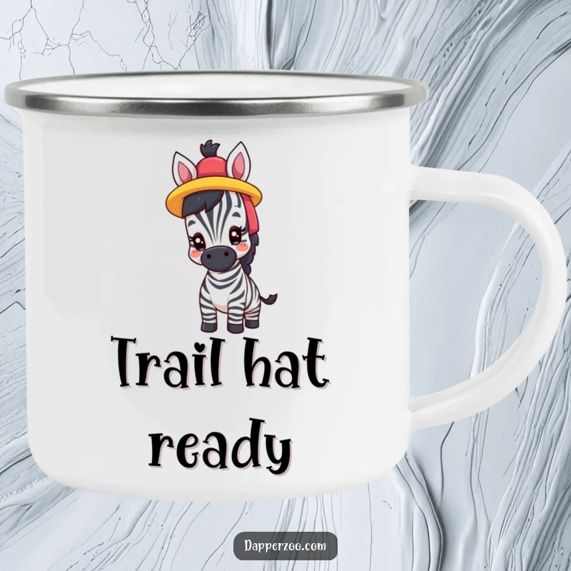 Funny camping mug showing a proud zebra comically trying on a brightly colored hat, perfect for outdoor style.