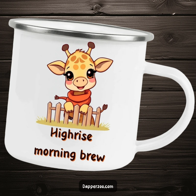 Funny camping mug with a happy giraffe calf in a tiny scarf, playfully peeking over a miniature fence, for outdoors.