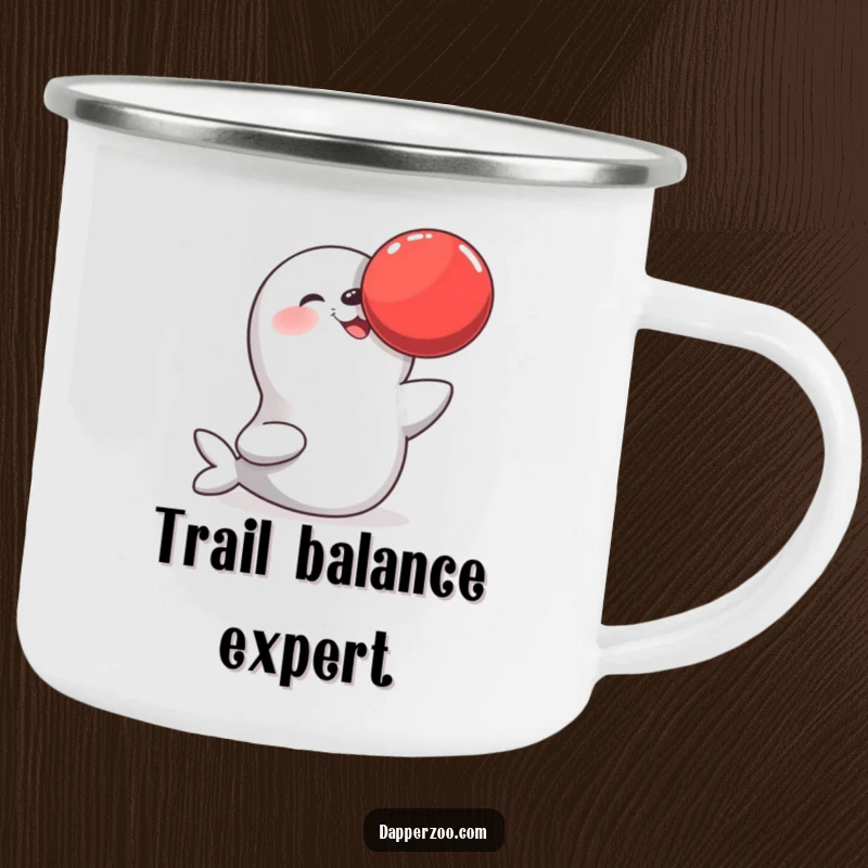 Funny camping mug showcasing a happy seal balancing a red ball on its nose, perfect for outdoor fun and laughter.