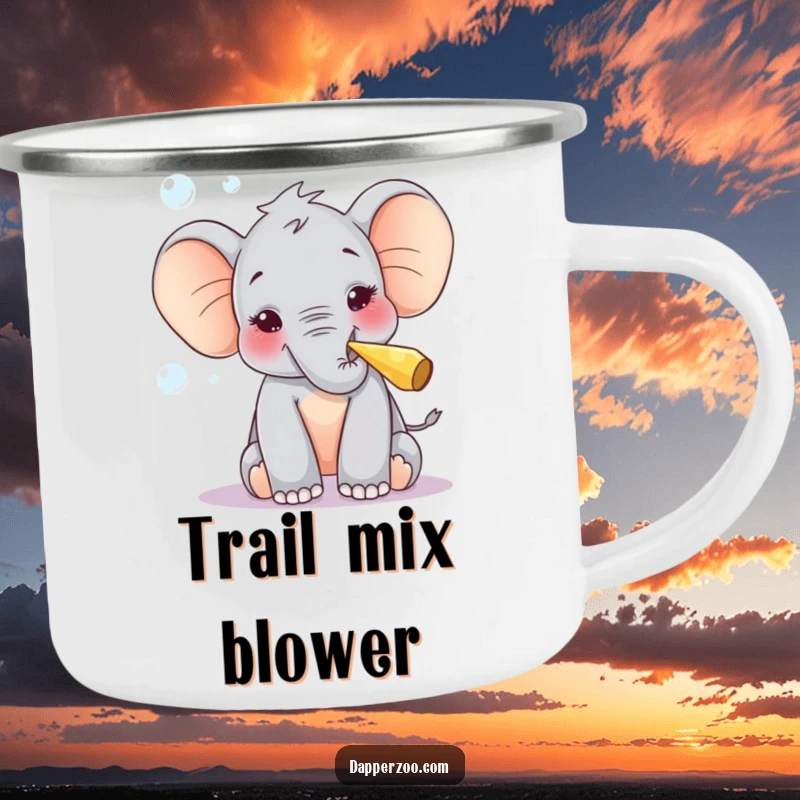 Funny camping mug with a curious elephant calf joyfully blowing bubbles with a tiny party blower, ideal for outdoor trips.