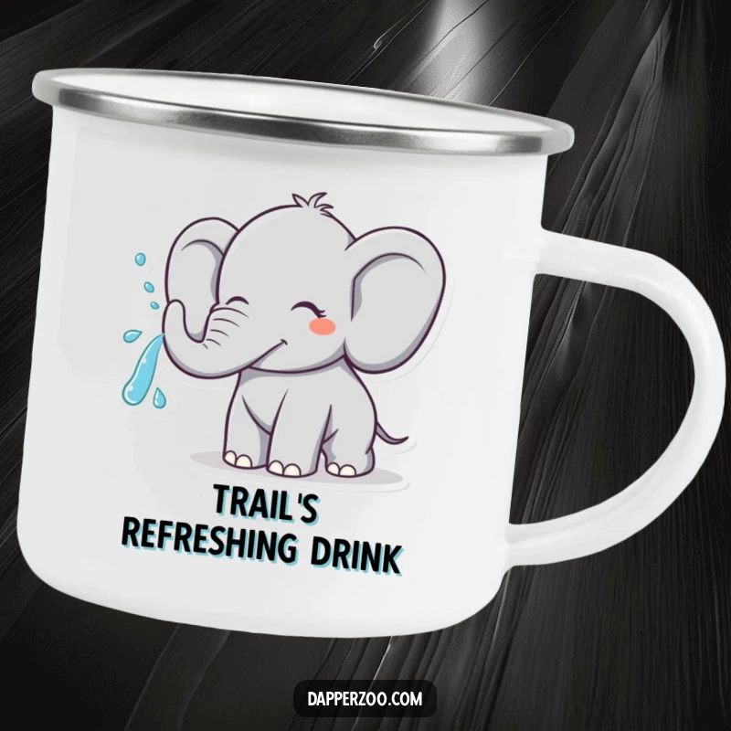 Funny elephant character spraying water from its trunk in a joyful arc, designed for a humorous and durable camping mug.