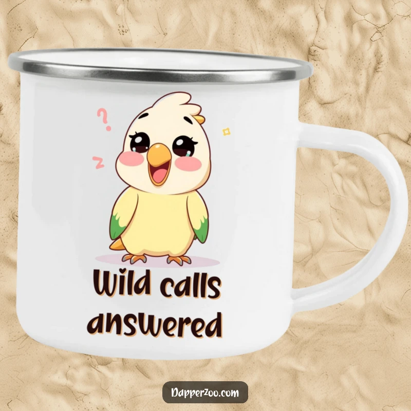 Funny Kawaii parrot character mimicking a silly sound on a rugged enamel camping mug, ready for vocal outdoor moments.