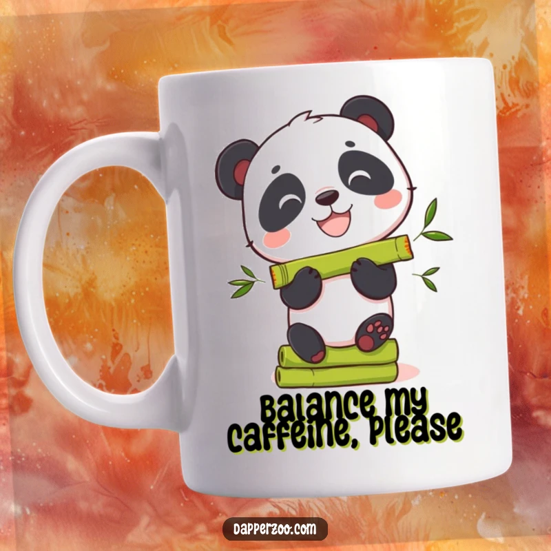 Funny curious panda bear mug, grinning widely while attempting to balance a tall stack of bamboo shoots.