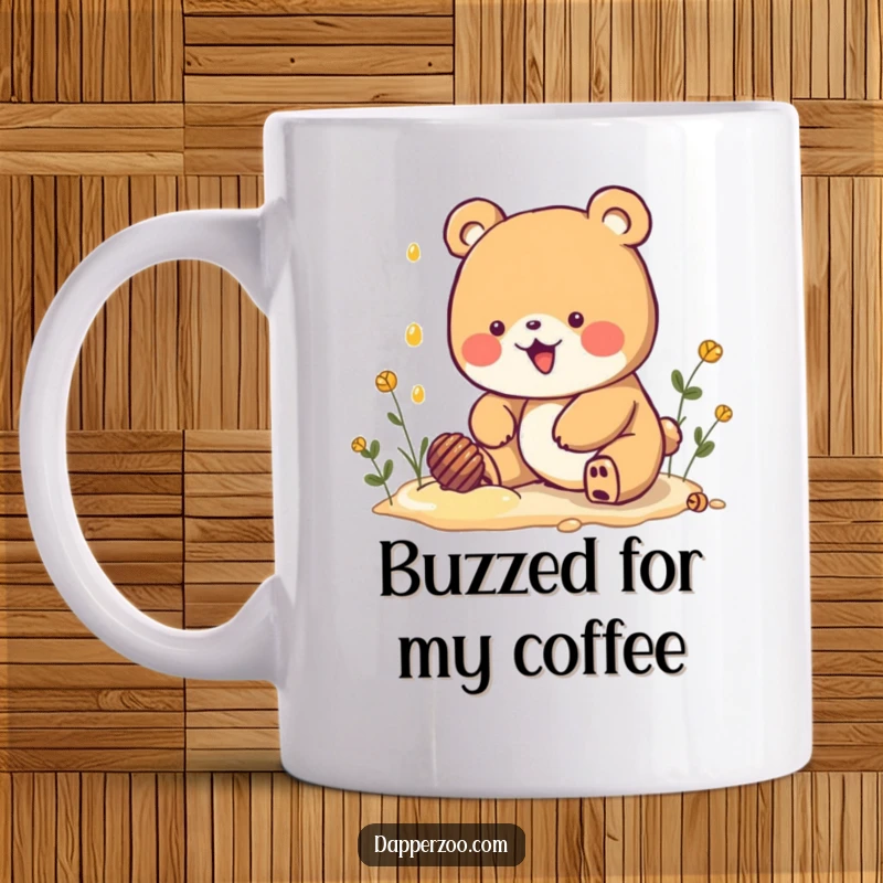 Funny Kawaii bear character excitedly digging for imaginary honey on a mug, radiating pure, cartoonish delight and obsession.