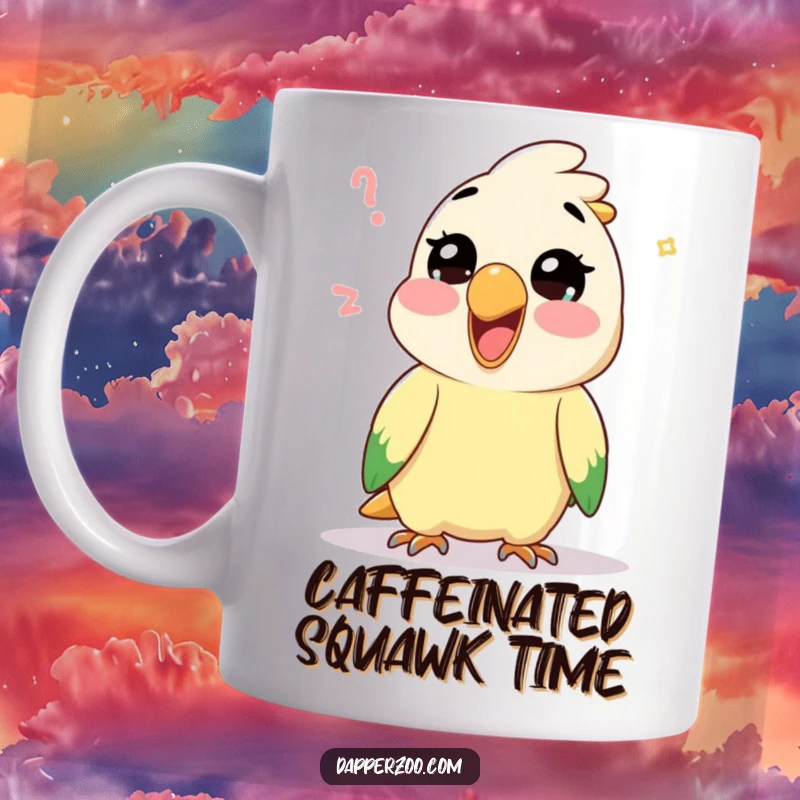 Funny Kawaii parrot character joyfully mimicking a silly sound on a mug, radiating vocal humor and cheerful mimicry.