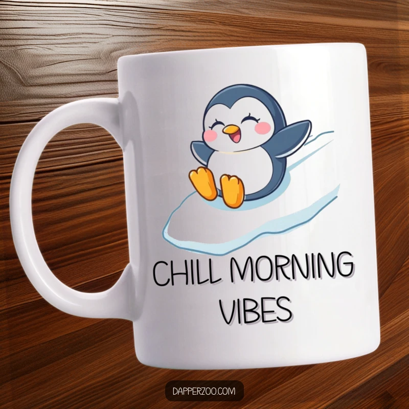 Funny mug featuring a winking penguin joyfully sliding down an icy slope, full of wintery excitement and playful energy.