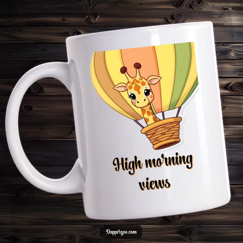 Funny giraffe mug featuring a curious giraffe character curiously peeking over the edge of a giant, colorful hot air balloon basket.