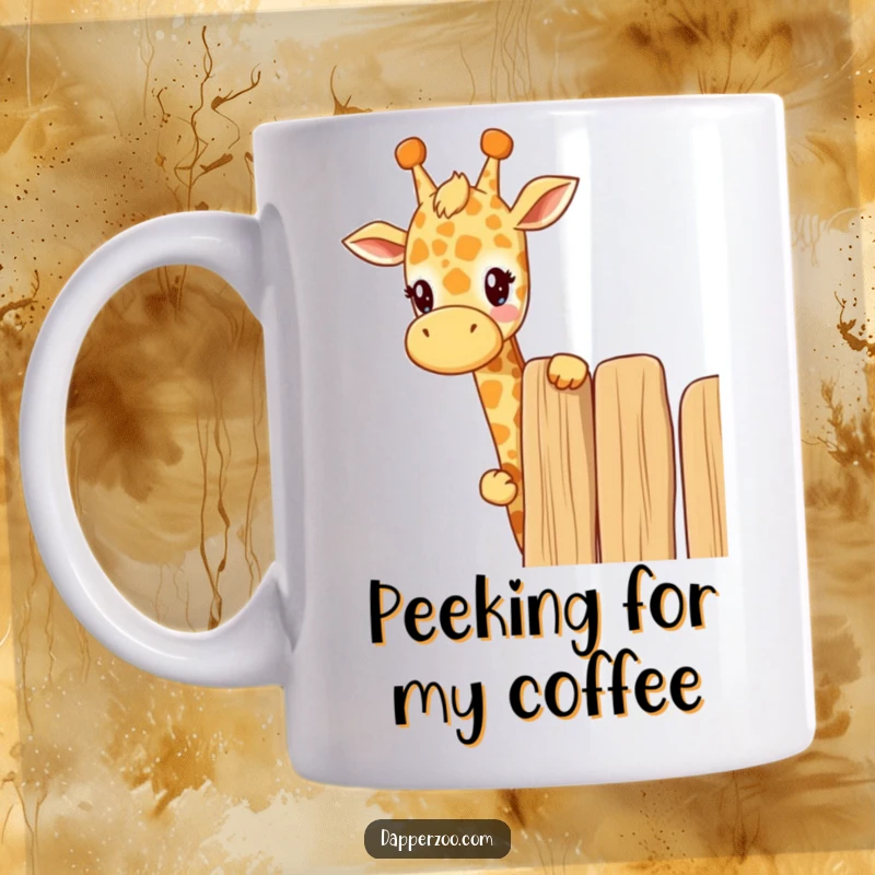 Funny kawaii giraffe mug showing a cute giraffe curiously peeking over a tall fence, capturing a moment of gentle observation.
