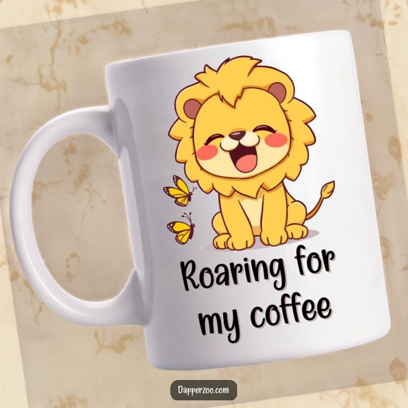 Funny Kawaii lion mug showing a cute lion roaring playfully at a tiny, delicate butterfly, capturing a moment of gentle surprise.