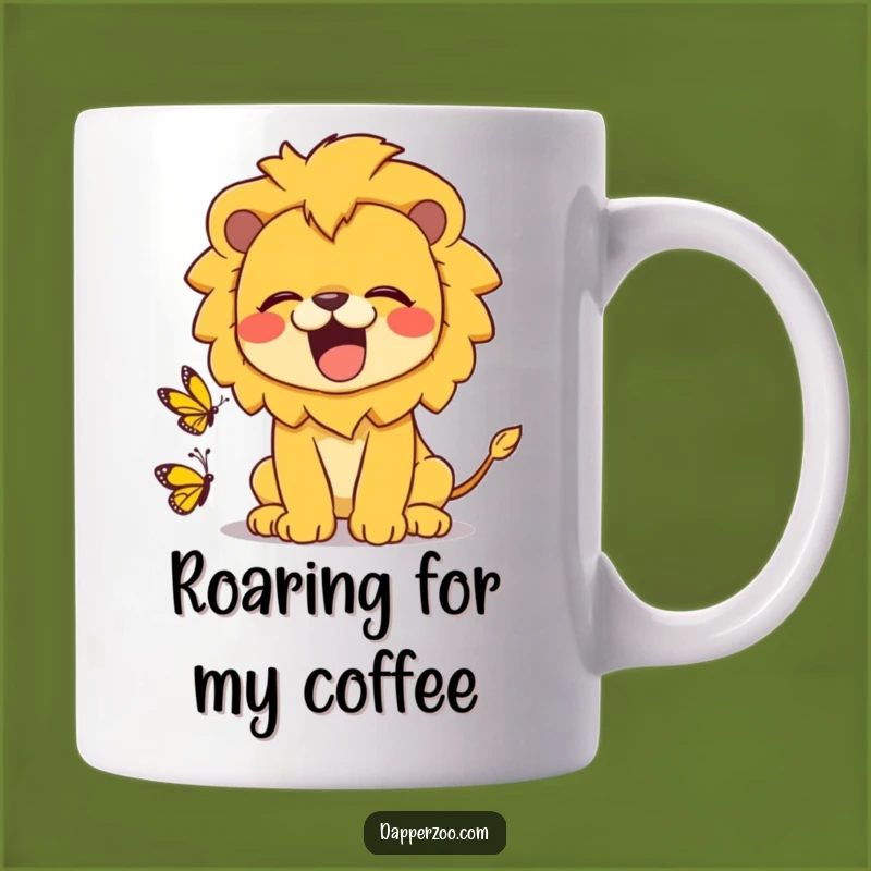 Funny Kawaii Lion Roaring at Butterfly Mug - Adorable Gift for Animal Lovers
