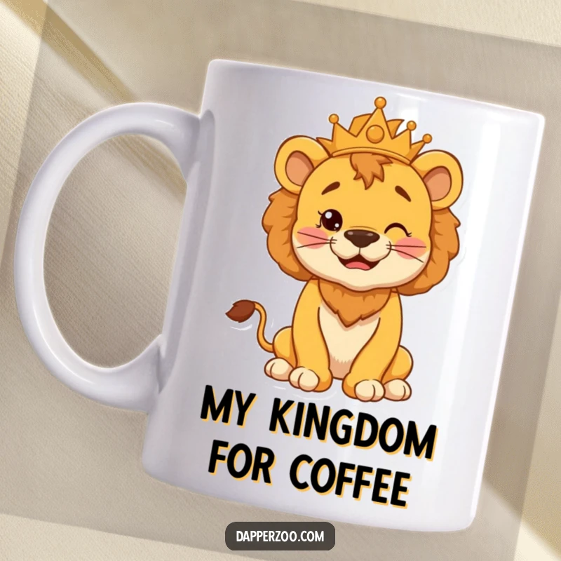 Funny mug featuring a cheerful lion cub with a puffed chest, striking a silly, proud kingly pose, ready to conquer the day.