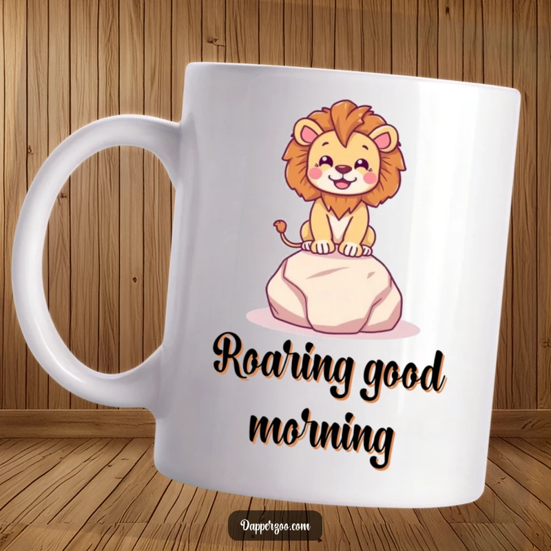 Funny happy lion character dramatically posing on a tiny plush rock with regal flair, featured on a mug.